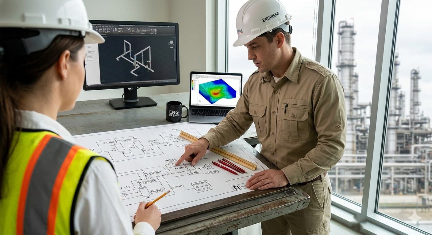 Engineering team reviewing technical drawings