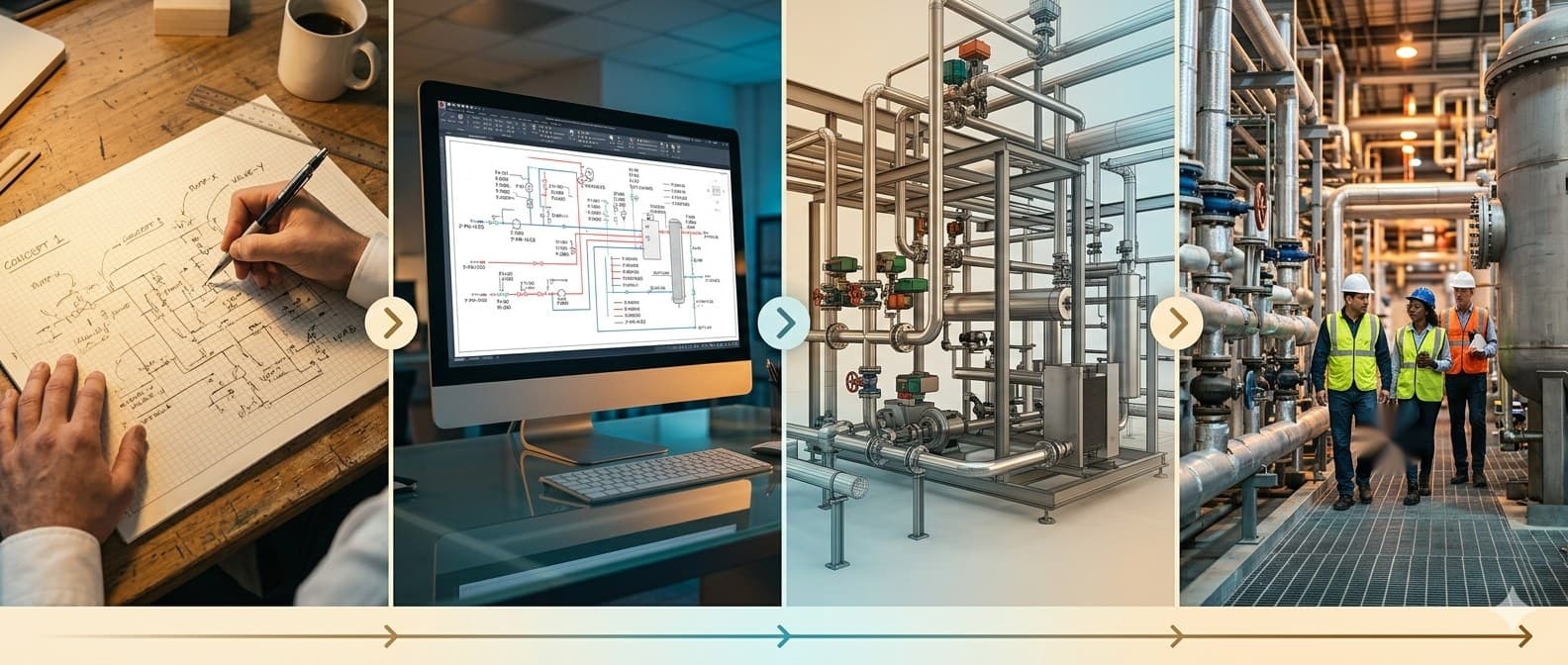 RGS engineering workflow — concept sketch to 3D model to installed piping