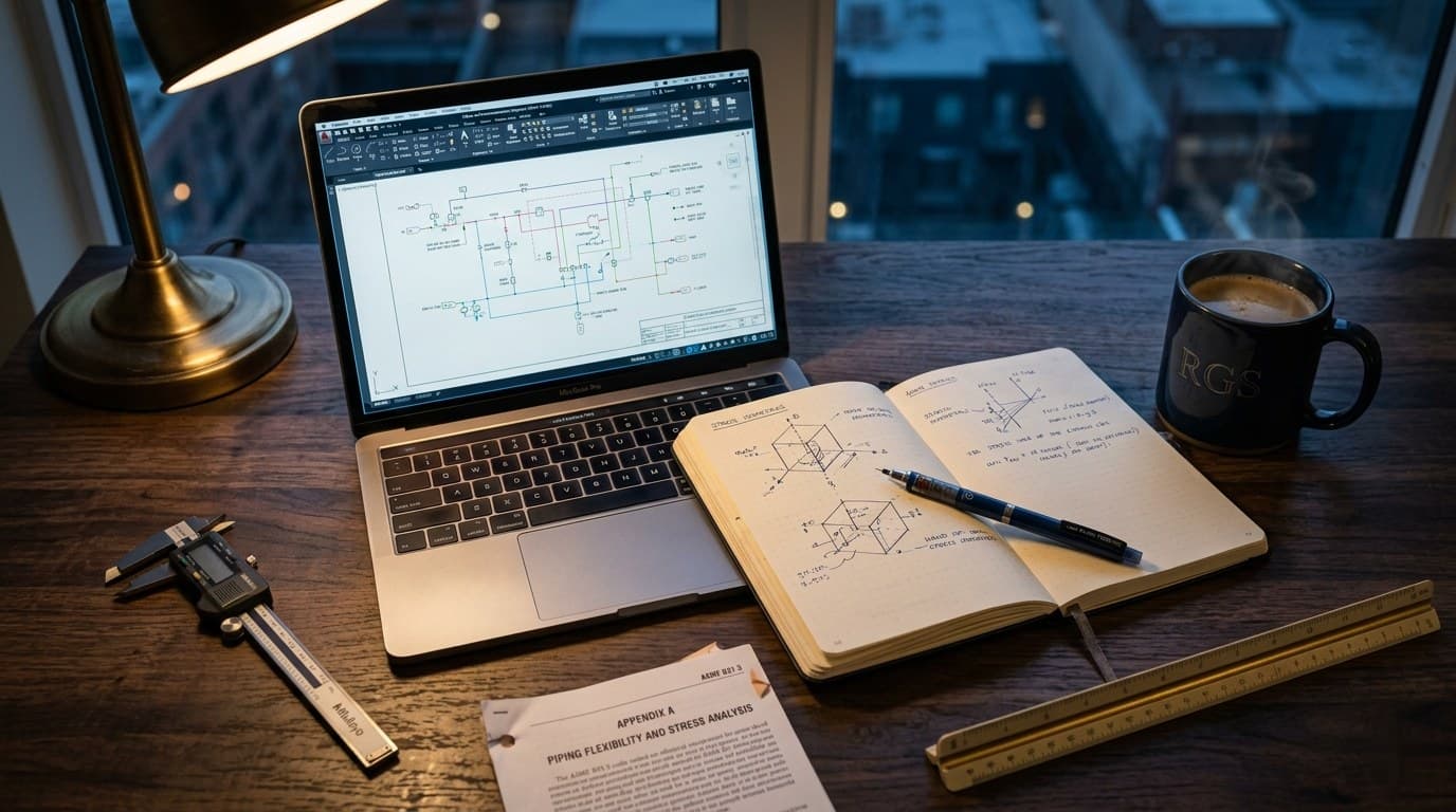 Engineer's workspace — laptop with P&ID, notebook, and technical references