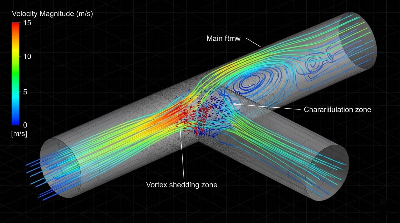 CFD streamline visualization inside a piping T-junction — velocity-coloured