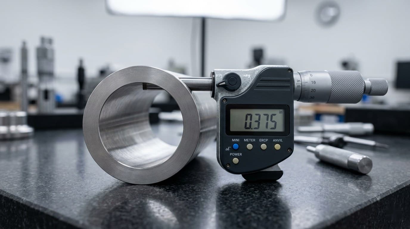 Micrometer measuring wall thickness of a stainless steel pipe section on a granite surface plate